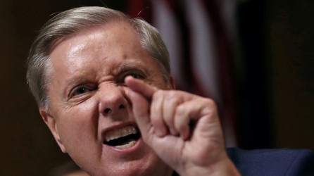 Senate Judiciary Committee member Sen. Lindsey Graham (R-SC) shouts while questioning Judge Brett Kavanaugh during his Supreme Court confirmation hearing in the Dirksen Senate Office Building on Capitol Hill in Washington